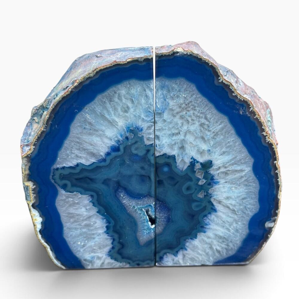 Blue Agate Geode Bookends Pair Natural Crystal Druzy Stone Home Decor 6"
